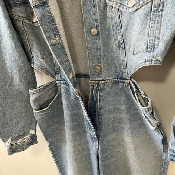BLOGGERS FAV ZARA LIMITED EDITION CUT OUT SIDE DISTRESSED DENIM JUMPSUIT Size L - Picture 8 of 15